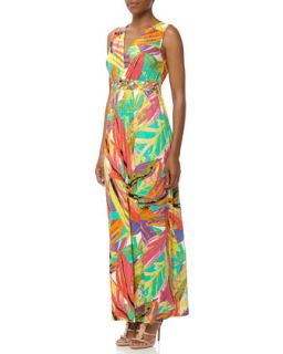 Abstract Leaf Print Jersey Maxi Dress