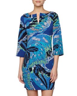 Abstract Butterfly Print Split Neck Dress, Bermuda Blue
