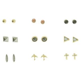 Womens Ball, Bird, Cross, Feather, Triangle and Stone Stud Earrings Set of 9  