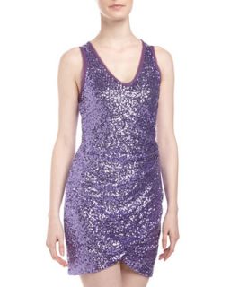 V Neck Ruched Sequin Dress, Electric Purple