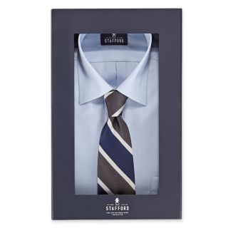 Stafford Boxed 100% Cotton Dress Shirt and 100% Silk Tie Set, Blue, Mens