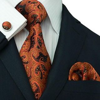 Mens Landisun Black Orange Paisleys Silk Tie Set: Tie Hanky Cufflinks Landisun Exclusive