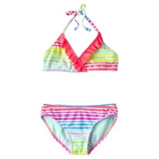 Girls 2 Piece Striped Halter Bikini Swimsuit Set   Rainbow XS