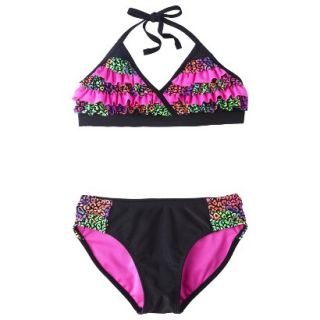 Girls 2 Piece Ruffled Leopard Spot Bikini Swimsuit Set   Black/Pink XL