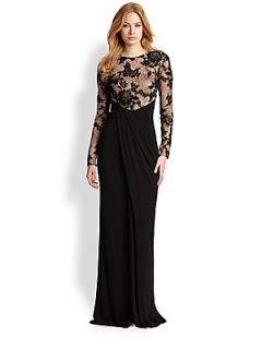 David Meister Lace & Jersey Gown   Black