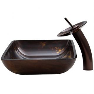 VIGO Rectangular Brown and Gold Fusion Glass Vessel Sink and Waterfall Faucet Se
