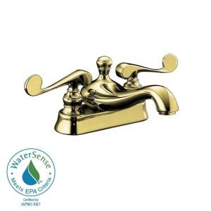 KOHLER Revival 4 in. 2 Handle Low Arc Bathroom Faucet in Vibrant Polished Brass with Scroll Lever Handle K 16100 4 PB