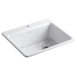 KOHLER Riverby Top Mount Cast Iron 25x22x9 5/8 1 Hole Single Bowl Kitchen Sink in White K 5872 1A1 0