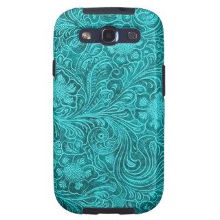 Blue Green Suede Leather Look Retro Floral Design Samsung Galaxy S3 Covers