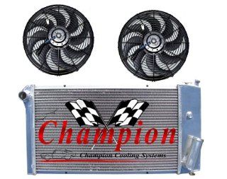 3 Row All Aluminum Replacement Radiator AND 2 10" Reversible Dual Fans for the 1971 77 Chevy Vega, 1975 76 Pontiac Astre, Chevy Vega Replacement Radiator, Pontiac Astre Replacement Radiator   Manufactured by Champion Cooling Systems, Part Number: 432F