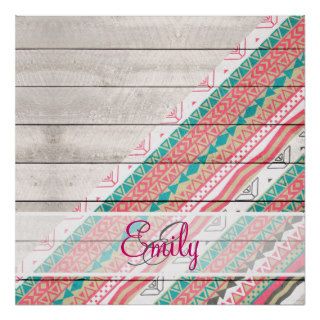 Monogram Tribal Aztec Coral Teal Chevron Wood Print