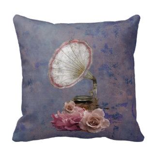 Vintage Pink Floral Phonograph retro background Throw Pillow