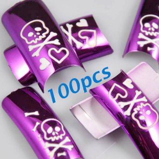 100 Purple White Metallic Mirror Skull Hearts Style French False Nail Art Tips : Beauty
