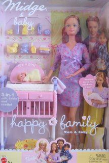 Barbie Happy Family MIDGE & BABY Doll Set w 3 in 1 Crib, Pregnant Mom & Baby Doll (2002): Toys & Games