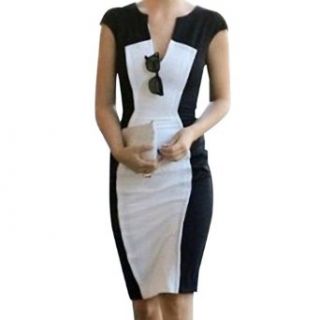 DJT Damen V Ausschnitt Knielang Sexy Abendkleid Partykleid Etuikleider Schwarz Weiss Gr. S M L EU 34 44: Bekleidung