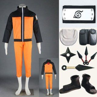 Japanische Anime Naruto Uzumaki Naruto Cosplay Set, Uzumaki Naruto Kostüm,Größe XL: (Höhe 173 177cm,Gewicht 70 80 kg)+ Uzumaki Naruto Stirnband + Waffen suit + Ninja Schuhe: Spielzeug