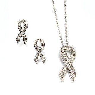 Silver Rhinestone Breast Cancer Awareness Ribbon Pendant Necklace Set: Jewelry