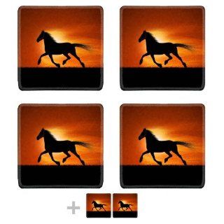 Horse Sillouhette Gallopping Through Field Square Coaster (6 Piece) Set Fabric Rubber 5 1/8 Inch (130mm) Size Coaster Cup Mug Can Water Bottle Drink Coasters Stain Resistance Collector Kit Kitchen Table Top Desk: Kitchen & Dining