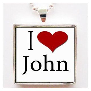I Love Heart John Glass Tile Pendant Necklace with Chain: Jewelry