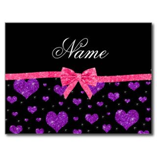 Personalized name purple glitter hearts pink bow post card