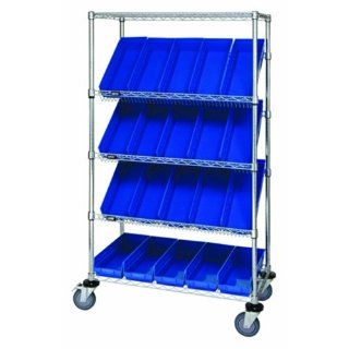 Quantum Storage Systems WRCSL5 63 1836 104BL 5 Tier Slanted Wire Shelving Suture Cart with 20 QSB104 Blue Economy Shelf Bins, 2 Horizontal and 3 Slanted Shelves, Chrome Finish, 69" Height x 36" Width x 18" Depth: Industrial & Scientific