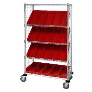 Quantum Storage Systems WRCSL5 63 2436EP 106RD 5 Tier Slanted Wire Shelving Suture Cart with 20 QSB106 Red Economy Shelf Bins, Enclosed, 2 Horizontal and 3 Slanted Shelves, Chrome Finish, 69" Height x 36" Width x 24" Depth: Industrial & 