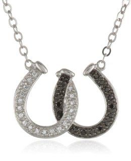 XPY Sterling Silver and Black and White Diamond Double Horseshoe Pendant Necklace (.13 cttw, Black Diamonds and  I J Color, I3 Clarity), 16.5": Jewelry