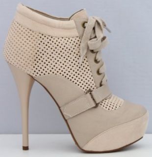 Nude Women's Perforated Lace up Round Toe Bootie Neutral 418 Platform High Heel Perforated Women Ankle Bootie (9): Shoes