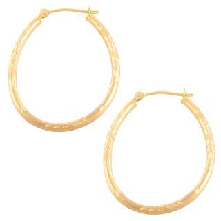 14 Karat Yellow Gold Polished and Matte Finished Oval Hoop Earrings: Jewelry