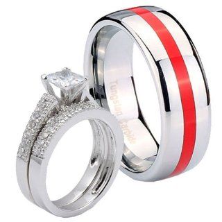 3 pcs Tungsten Red Resin Inlay & Sterling Silver 2.2CT CZ Engagement Ring Set Sz 5, 10: Jewelry