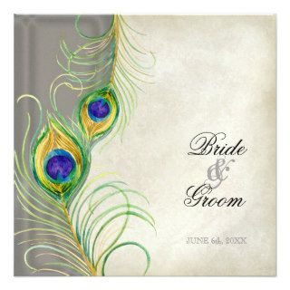 Peacock Feathers Silver Damask Wedding Stationery Custom Announcement