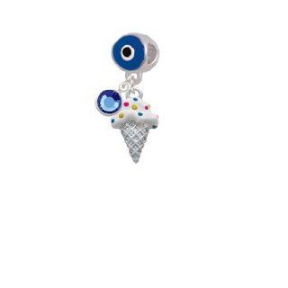 2 D Vanilla Ice Cream Cone with Sprinkles Blue Evil Eye Charm Bead Dangle with Crystal Drop: Jewelry