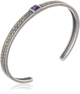Sterling Silver Oxidized African Amethyst and Marcasite Bangle Bracelet, 7.25" Jewelry