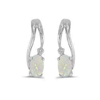 14k White Gold Oval Opal And Diamond Wave Earrings Stud Earrings Jewelry