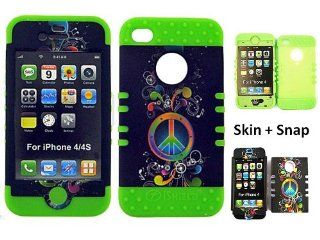 Case Cover Hybrid For Apple iPhone 4G 4S Hard Lime Green Skin+Rainbow Peace Snap: Cell Phones & Accessories