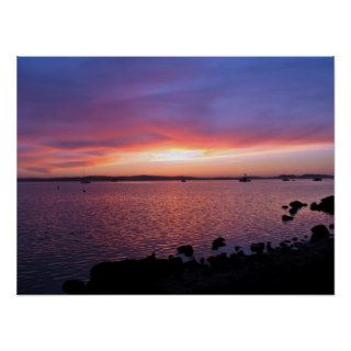 Red, Yellow, and Pink Sunset with Ocean and Clouds Posters