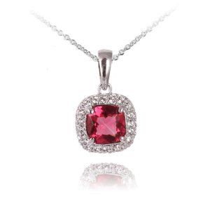 Deep Red Square Rhinestone Silver Tone Pendant with Clear Swarovski Crystal Pendant Necklace Chain N268: Strand Necklaces: Jewelry