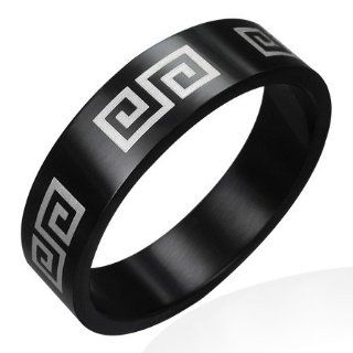 R279 R R279 Black Stainless Steel Double Greek Key Flat Band Ring  Size 9: Jewelry