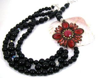 Black Onyx with Vintage Red Crystal Broach, Semi Precious Stone Multi Strand Necklace Jewelry: Chunky Onyx Necklace: Jewelry