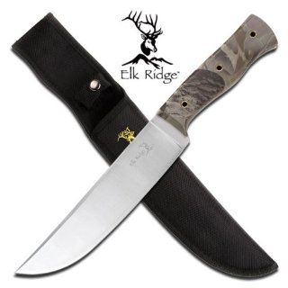 ER 271CA. 15" Overall Elk Ridge Butcher Hunting Knife   Camo Wooden Handle Elk Ridge Knife Features: 15" Overall length. 440 Stainless steel Razor Sharp blade. Heavy duty knife. Camo Coated Wooden handle. Elk Ridge logo on blade and sheath. Inclu