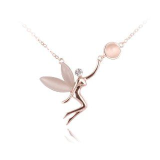 Fashion Plaza 18k Rose Golden Angle with white Cats Eys Stone Pendant Necklace Chain N281 Jewelry