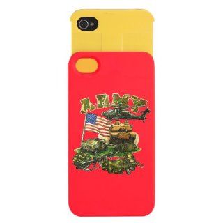 iPhone 4 or 4S Wallet Case Red and Yellow Camouflage Army with Helicopter Tank Hummer Gear and US Flag: Everything Else