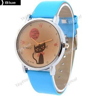 Cat Pattern Quartz Analog Watch Wristwatch Timepiece w/ Rhinestones for Girls Women   Blue SWWM5 238147: Watches