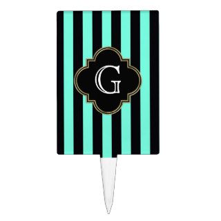 Turquoise and Black Stripes Pattern with Monogram Cake Toppers