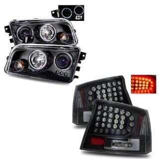 06 08 Dodge Charger Black LED Halo Projector Headlights + LED Tail Lights Combo: Automotive