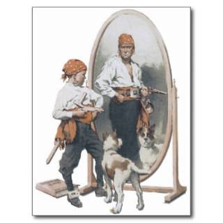 Vintage Child, Boy Pirate, Dog, Mirror, Buccaneer Post Card