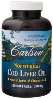 Carlson Laboratories   Norwegian Cod Liver Oil, 374 mg, 100 softgels: Health & Personal Care