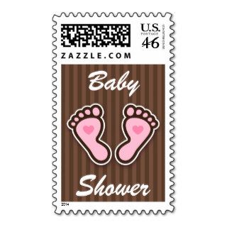 Pink cartoon baby feet with hearts brown stamps