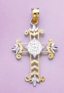 14k Gold Religious Necklace Charm Pendant, Beaded Cut out Cross With Accents Two Million Charms Jewelry