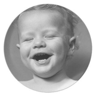 1940s Portrait Baby With Messy Hair Laughing With Dinner Plate